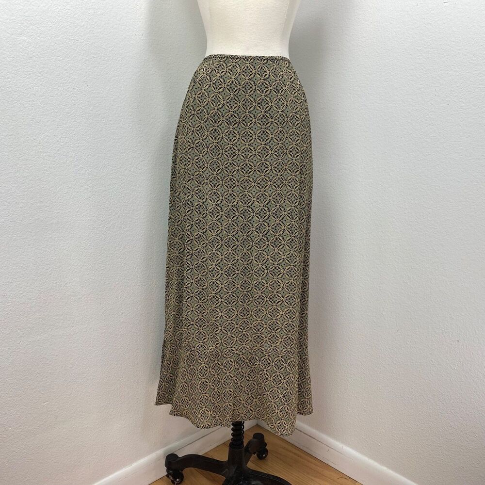 Vintage Zoe Green & Black Geometric Print Rayon Crepe Maxi Skirt Large Peasant